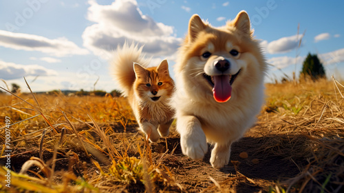 Feline and Canine Duo Adventure in Meadow Created with Generative AI Technology photo