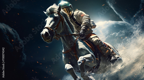 Astronaut riding a horse in hurricane