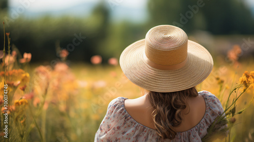Back view of a woman wearing a straw hat relaxing