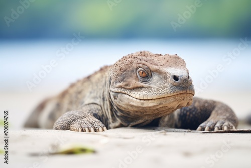 komodo dragon sunbathing on a warm sandy beach