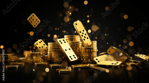 Banner gold domino coin in black color background photo