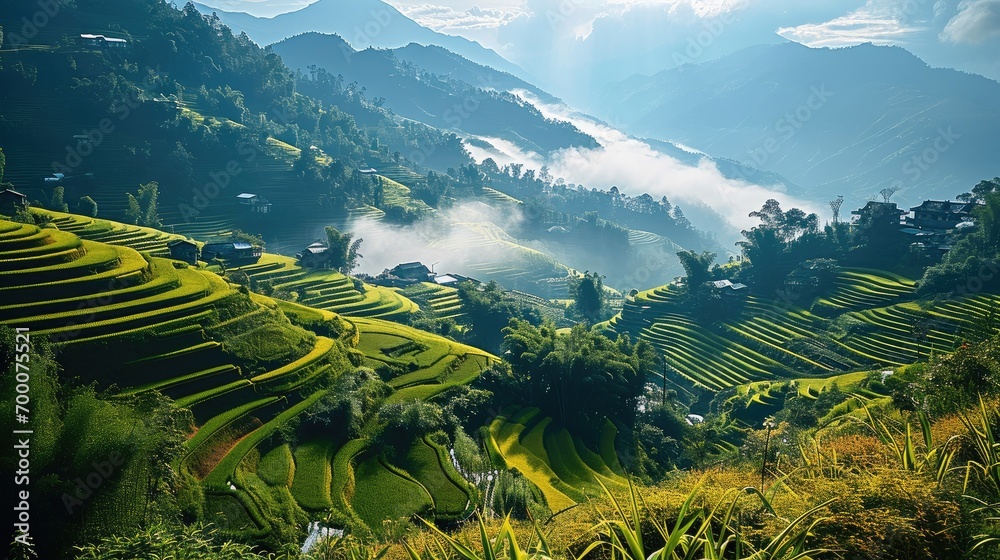 Terraced fields, Paddy fields, Ancient villages shrouded in clouds and mist in the mountains. Generative AI.