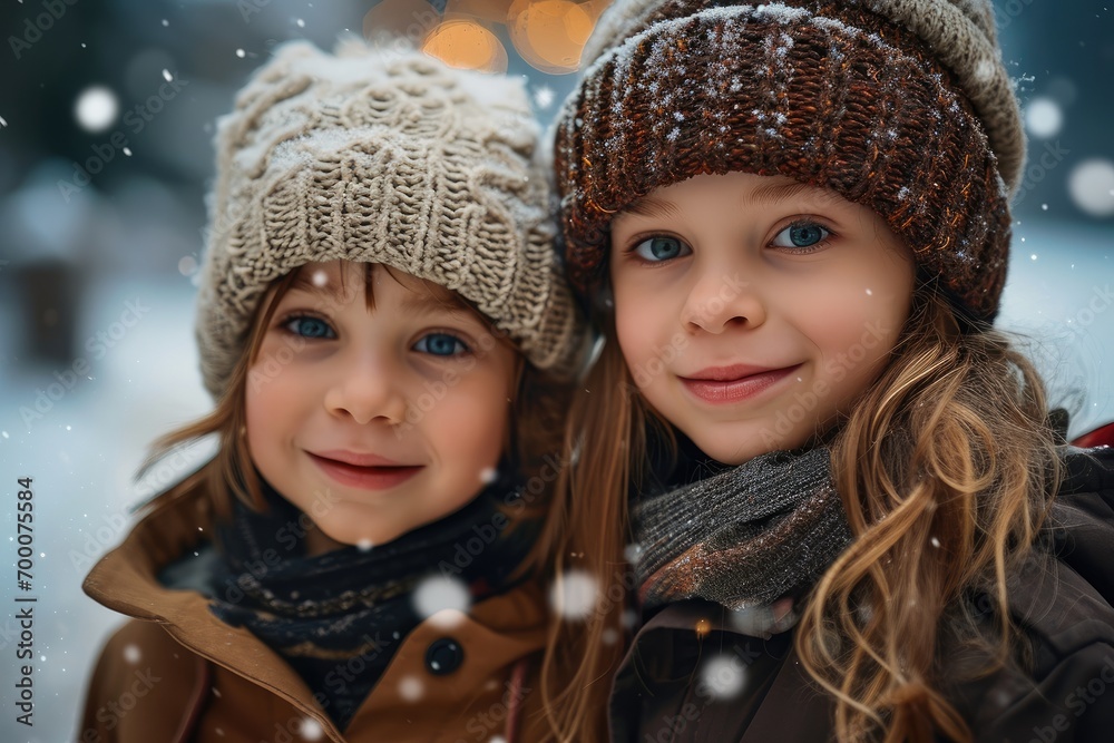 Smiling kids in winter clothes. Generative AI. Smiling kids in winter clothes. Generative AI.