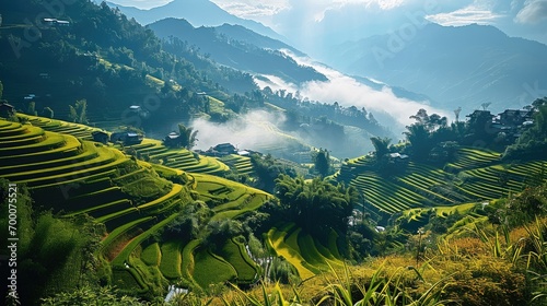 Terraced fields, Paddy fields, Ancient villages shrouded in clouds and mist in the mountains. Generative AI.