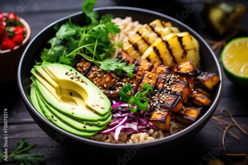 Bird s eye view of grilled tofu and dragon fruit buddha bowl photo