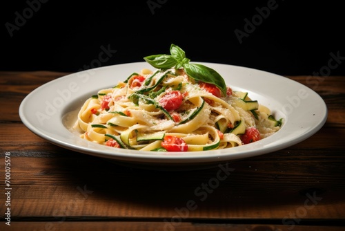 Tagliatelle with parmesan zucchini tomato and cream sauce on a wood surface