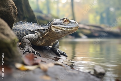 monitor lizard by a river胢s edge eyeing a frog
