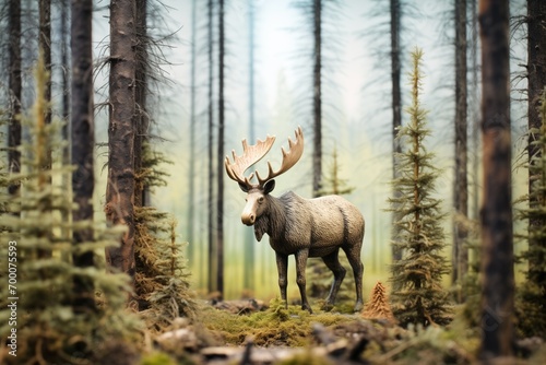 lone moose under pine trees