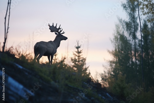 moose standing on a forest ridge at twilight