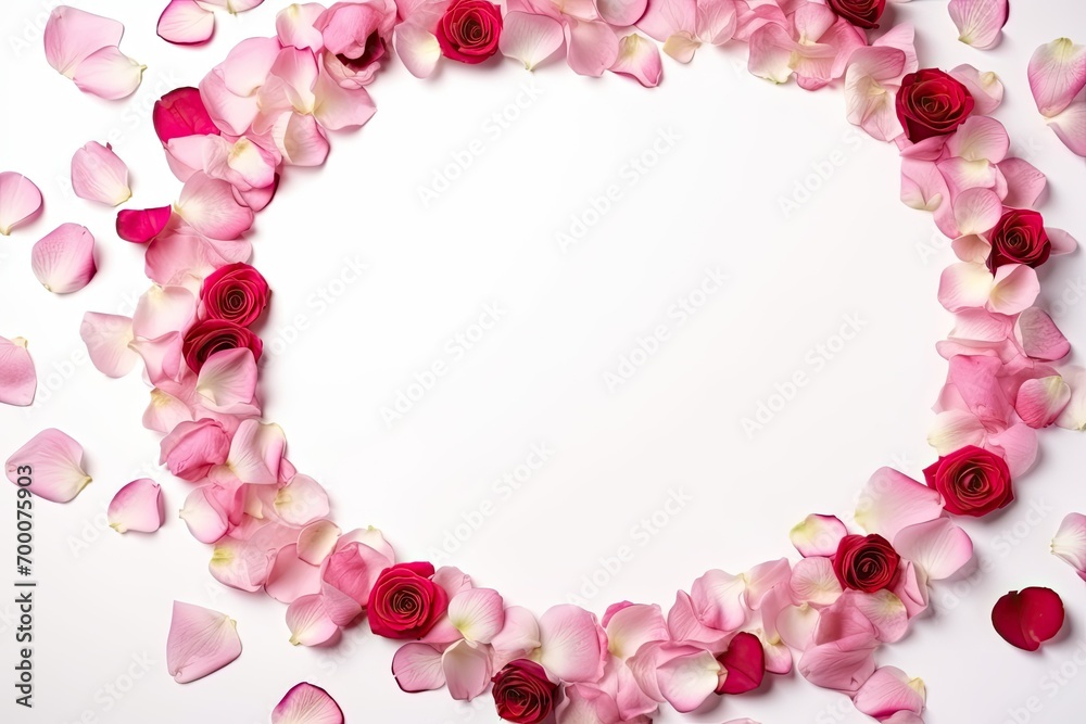 Valentine's Day flowers arranged in a rose round frame on a white background with confetti.