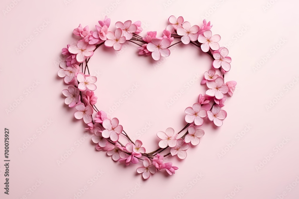 Valentine's Day theme: Pink flower wreath, pastel background with hearts. Copy space, top view.