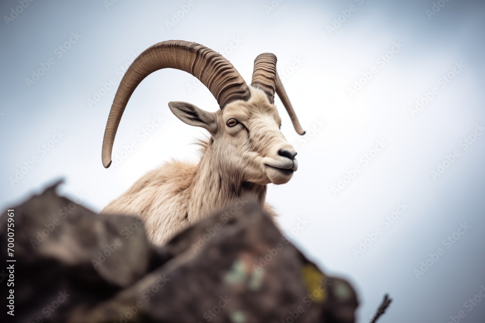 elder mountain goat with impressive horns on a boulder