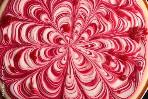 Vanilla raspberry swirl cheesecake seen from above for backdrop