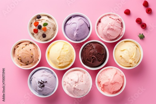 Variety of colorful Ice Cream scoops with fresh ingredients on pink background seen from above