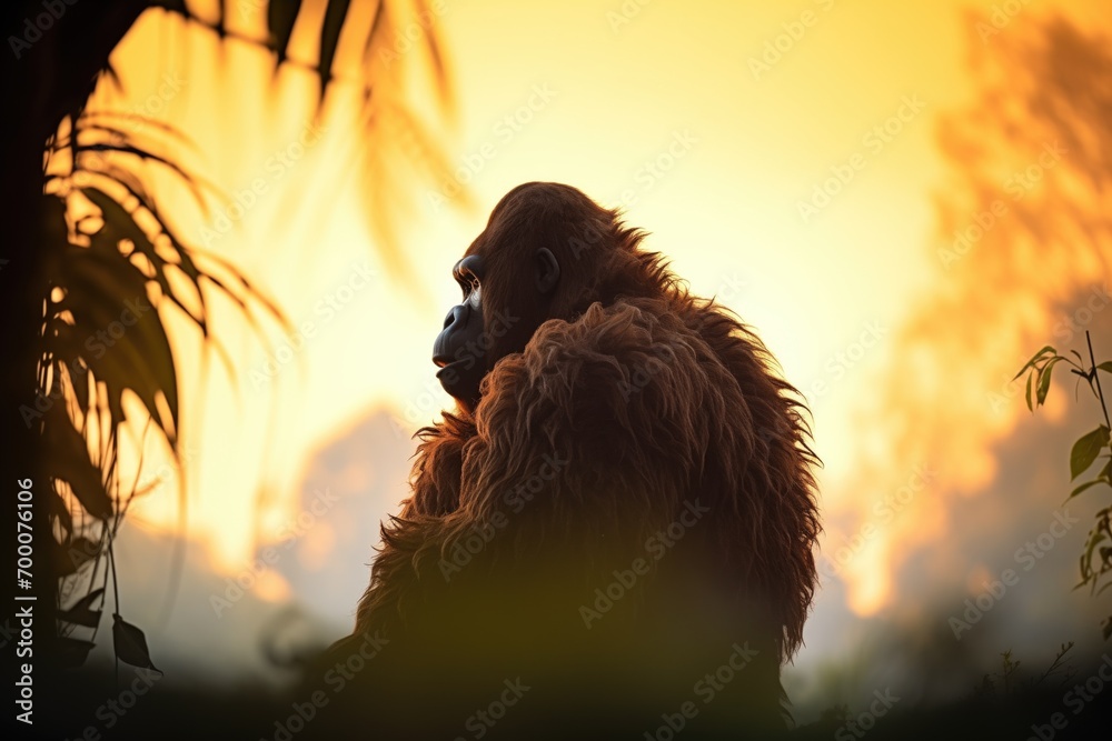Naklejka premium silhouette of orangutan against jungle sunset