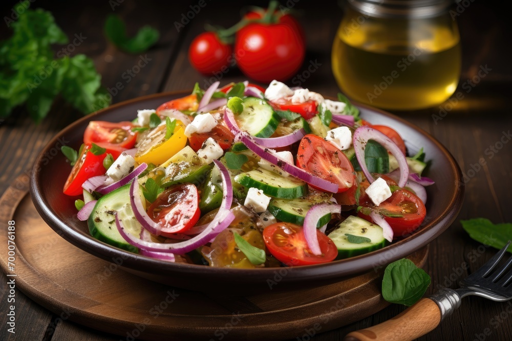 Greek salad with vegetables, feta cheese, and rustic fork on brown background.