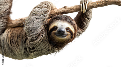 A sloth hanging on a tree branch isolated on a white background
