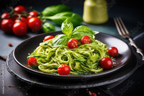 Vegan zucchini pasta with avocado dip spinach and cherry tomatoes on a plate Vegetarian and healthy