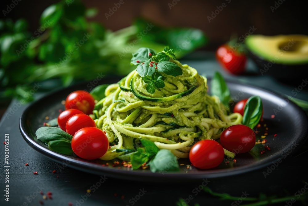 Vegetarian healthy food Zucchini pasta avocado dip spinach and cherry tomatoes on plate against dark background