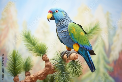 pionus parrot atop a pine tree photo