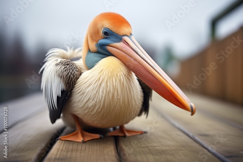 pelican with stretched beak pouch, perched on pier