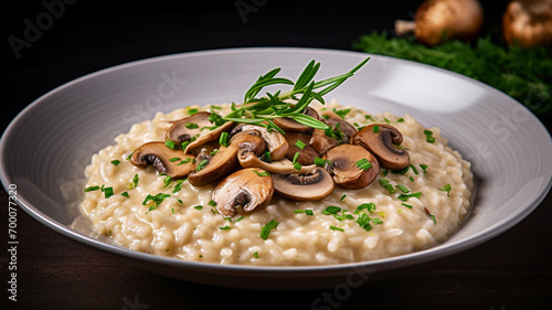 Creamy mushroom risotto served in a white bowl