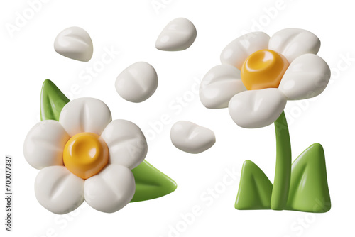 3D daisy flowers petals and green leaves. Vector three dimensional floral design elements set isolated on white background. Spring and summer stylized minimal plastic decorations.