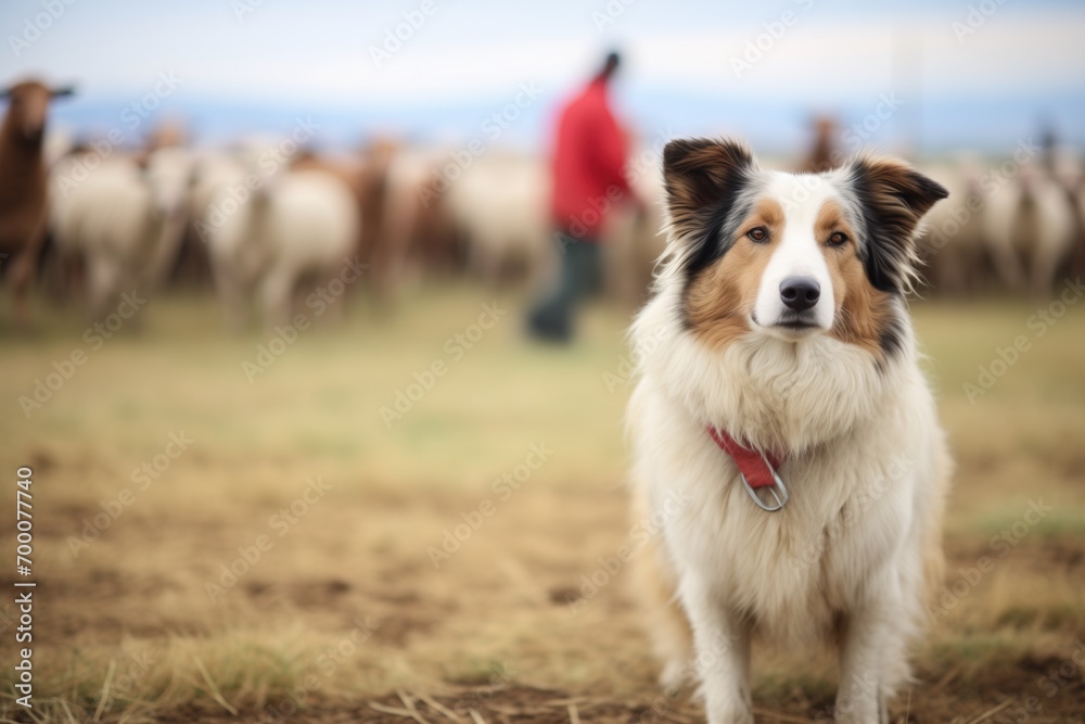 dog awaiting command before herding sheep