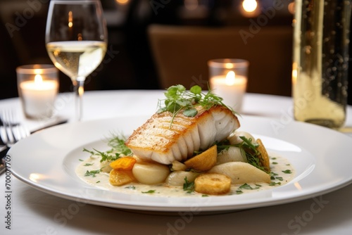 White wine and cod entr�e at the restaurant.