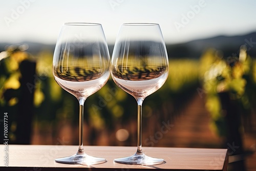 Close-up of wine glasses on modern table, with vineyard grapevines in the background. Outdoor wine tasting for a travel concept.