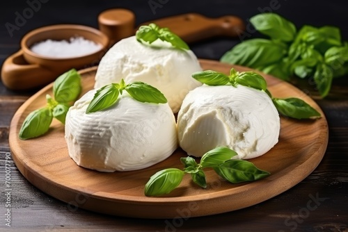 Wooden board with fresh Italian burrata or burratina cheese and basil leaves from Puglia