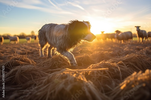 shadow play of herding dog and sheep at sunset