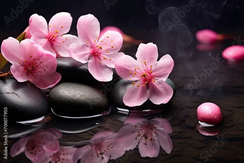 Pink spa flowers, hot stones on water, dark background.