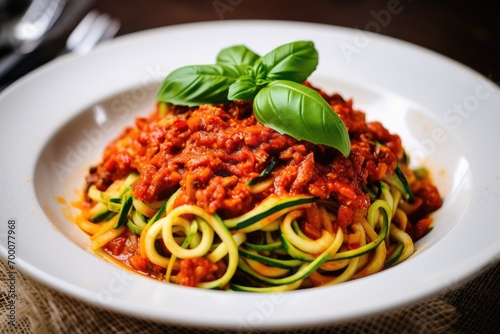 Zucchini pasta with tomato sauce and basil on top