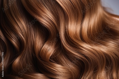 Background of brown hair in close-up. Women s long  beautifully styled wavy hair with shiny curls. Coloring and hairdressing procedures including extensions.