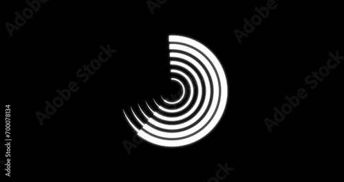 Circles of white animating in and out on a black background. Concept of consistency and discipline 2D clean embossed glowing simple circle motion graphic asset. Surreal spiral geometry circle bg. photo