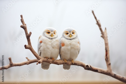 two snowy owls roosting on a snowy branch