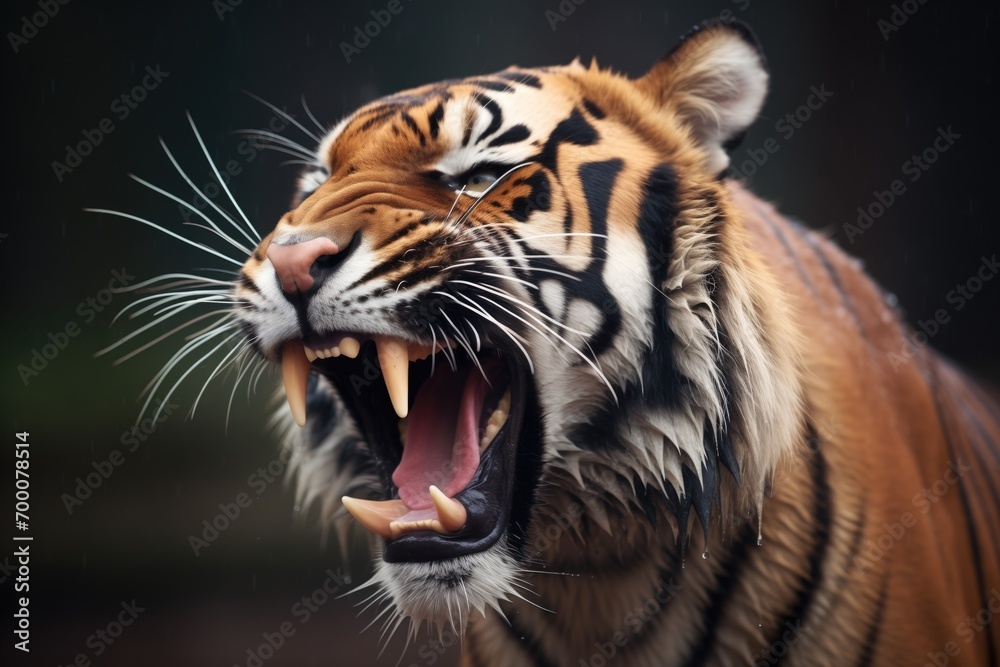 Obraz premium sumatran tiger yawning, showcasing sharp teeth
