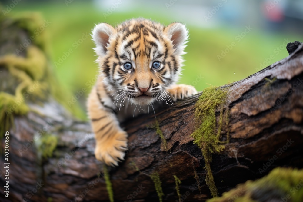Fototapeta premium tiger cub climbing over tree roots in discovery
