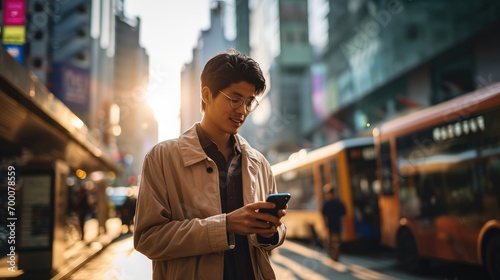 Young Asian man using smart phone, Walking down the city. Generative AI.