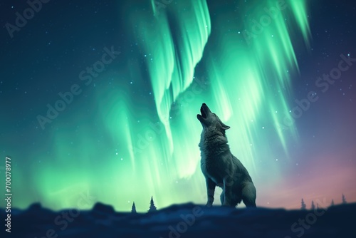 wolf howling with northern lights backdrop