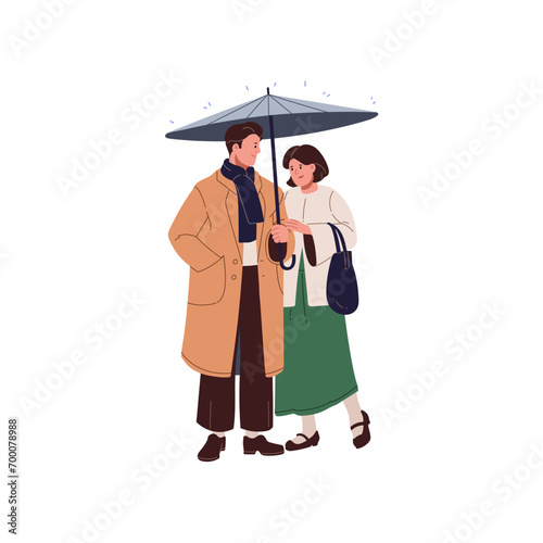 Happy couple hiding under umbrella from rain. Man in coat holding parasol, woman with bag standing under brolly. People walking in rainy weather. Flat isolated vector illustration on white background