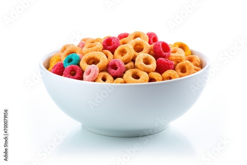 Delicious cereal rings in a bowl on a white background.