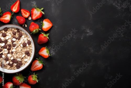 Healthy breakfast concept with muesli, chocolate, strawberries, and milk on a dark gray background. Minimalist flat lay, top view, text space.