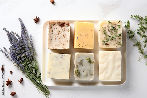 Organic handmade soap bars with natural ingredients on a white background. Top view with room for text.