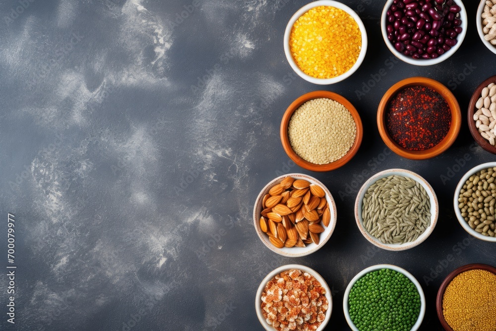 Selection of superfoods and cereals in bowls on a gray concrete background includes quinoa, chia, goji berries, mung beans, buckwheat, turmeric, polba, bulgur Selection of superfoods and cereals in bowls on a gray concrete background includes quinoa, chia, goji berries, mung beans, buckwheat, turmeric, polba, bulgur