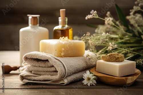 Natural soap and towels used for spa treatments.