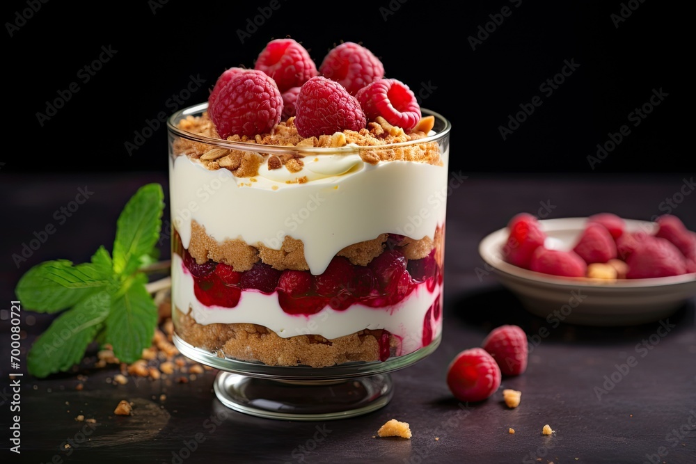 Raspberry Greek yogurt parfait with granola on a dark background Restaurant menu dieting cookbook Raspberry Greek yogurt parfait with granola on a dark background Restaurant menu dieting cookbook
