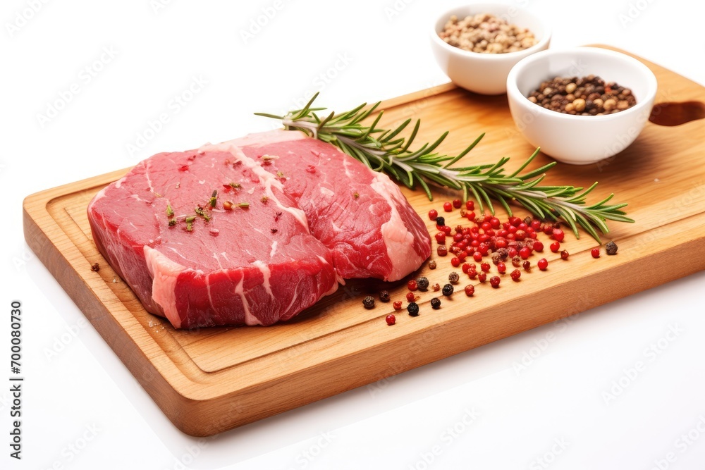 Isolated white background with beef steak, rosemary, and pepper. Isolated white background with beef steak, rosemary, and pepper.