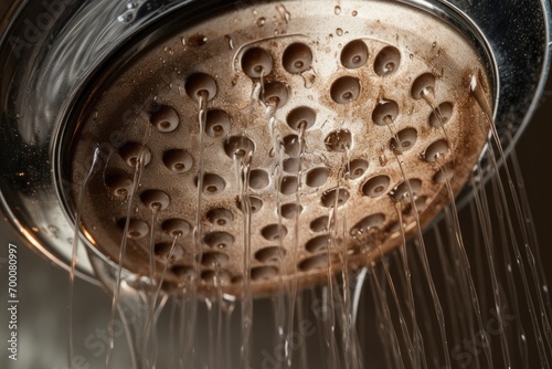 Limescale covered dirty chrome shower head Hard water causing calcified mineral buildup photo